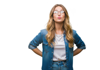 Woman wearing glasses puckering lips for kiss studio portrait outdoor photography transparent background