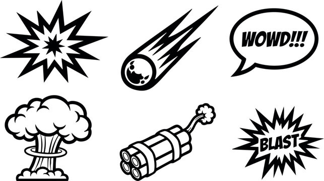 Comic style explosion blast dynamite meteor wow speech bubble vector icons set
