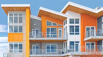 Obraz premium Bright Orange Building with Modern Architecture Against Clear Blue Sky