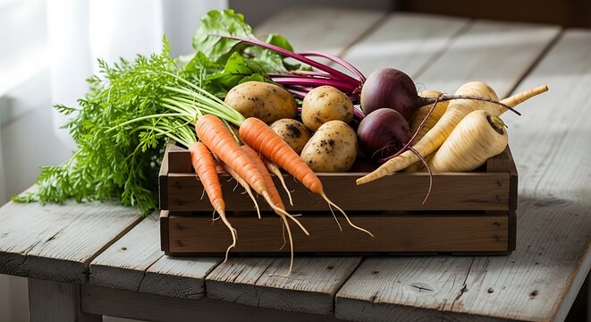 Freshly harvested organic root vegetables in rustic wooden crate.