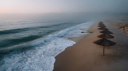 Serene beach with gentle waves and straw umbrellas at dawn under misty skies