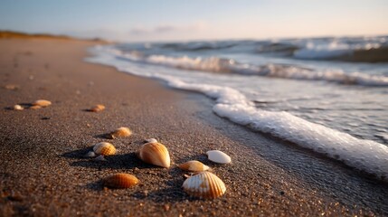 Seashells scattered on a sandy beach at golden hour with gentle ocean waves and foam washing ashore