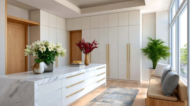 Modern walk-in closet interior design with marble island and elegant decor