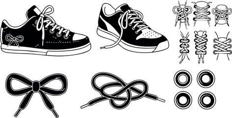 Casual sneakers with shoelaces and eyelets vector set for footwear design and fashion illustration