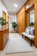 Fototapeta premium Modern walk-in closet interior with wooden cabinets