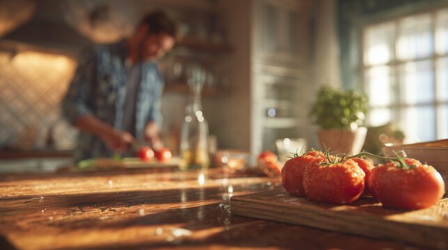 A man is chopping fresh tomatoes in a well-lit kitchen, focusing on preparing ingredients for a meal. The bright kitchen features wooden surfaces and a variety of vegetables around