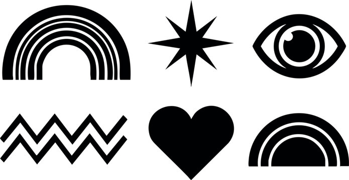 Abstract black geometric symbols including rainbow heart eye and star shapes vector illustration