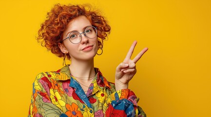 Stylish redhead woman showing peace sign on yellow background