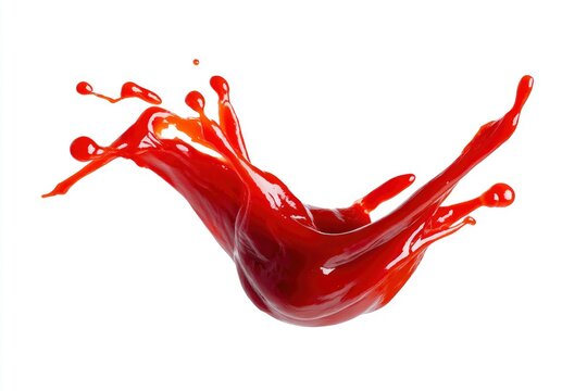 A vivid splash of red liquid appearing to be tomato sauce or paint frozen midair against a stark white background