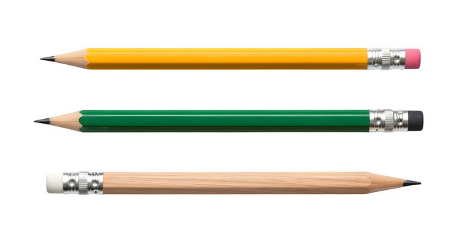 Three different types of pencils, including a yellow graphite pencil with a pink eraser, a green graphite pencil with a black eraser, and a natural wood pencil - Powered by Adobe