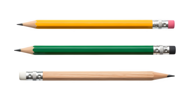 Three different types of pencils, including a yellow graphite pencil with a pink eraser, a green graphite pencil with a black eraser, and a natural wood pencil