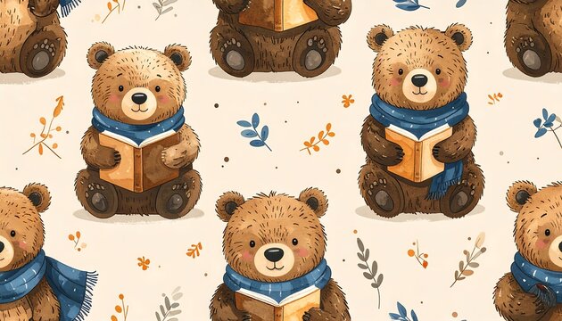 Cute watercolor teddy bear reading a book with autumn leaves seamless pattern.