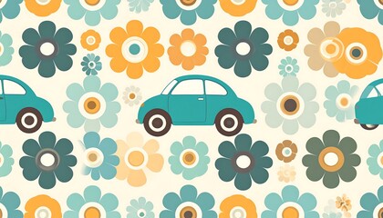 Floral Car Pattern - Playful Design with Flowers and Vehicles.
