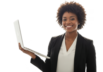 Smiling businesswoman holding laptop ready for work and innovation transparent background