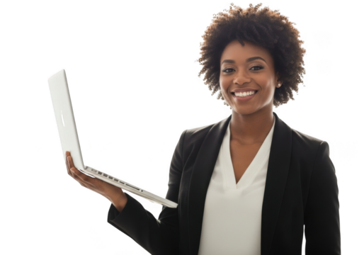 Smiling businesswoman holding laptop ready for work and innovation transparent background