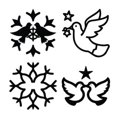 Four stylized black and white graphic elements featuring doves and snowflakes