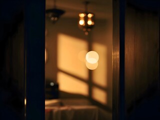 Warm sunlight is streaming through a window into a dimly lit room, creating a cozy and inviting atmosphere with visible bokeh and a wooden door frame