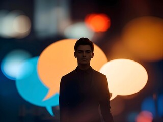 Silhouette of a businessman standing confidently amidst colorful speech bubbles, representing communication, social media, and urban connectivity