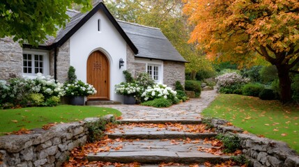 Cozy cottage entrance with stone steps and autumn leaves