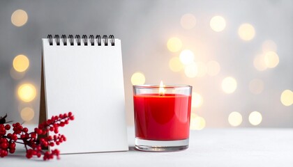Red Candle with Calendar and Berries Against a Bokeh Background for Relaxation and Introspection.