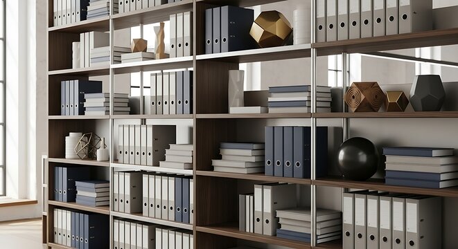 Organized Office Shelves with Binders and Files.