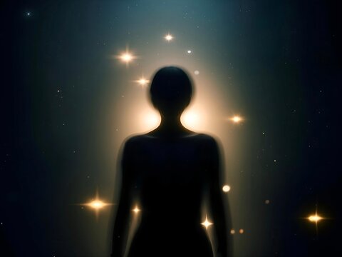 Blurry silhouette of an alien or a human in a dark starry space with glowing stars and a bright light behind, creating a mysterious and spiritual atmosphere