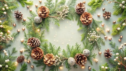 Festive winter arrangement of pine cones, evergreen branches, and shimmering ornaments, creating a beautiful holiday backdrop