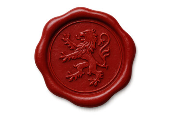 Red wax seal featuring an ornate rampant lion, representing power and tradition, with a transparent background