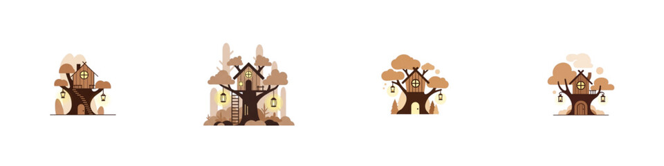 Cartoon trees and houses in various styles and designs  