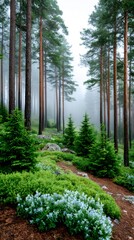 Forest path winding through misty pine trees