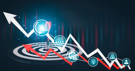 Bullseye dart arrow and line of Stock market or forex trading graph and candlestick chart suitable for financial investment concept,Economy trends background for business idea and all art work design.