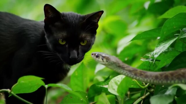 Black cat and snake encounter close up view amidst green foliage