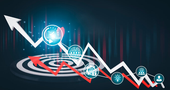 Bullseye dart arrow and line of Stock market or forex trading graph and candlestick chart suitable for financial investment concept,Economy trends background for business idea and all art work design. - Powered by Adobe
