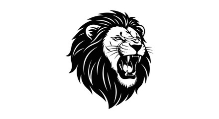 Roaring Lion Head Black and White Illustration.