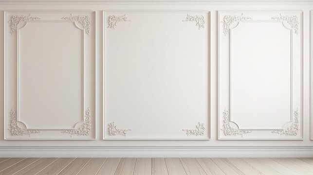 A minimalist interior featuring elegantly designed white walls with ornate moldings and empty framed sections.