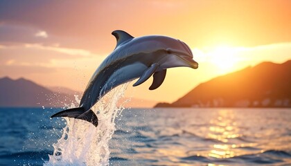 Fototapeta premium Dolphin Splashing Joyfully in Ocean at Sunset Majestic Leaping Mammal Under Golden Light Marine Wildlife Beauty.