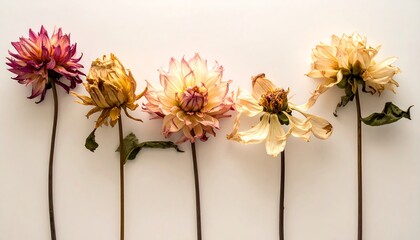 Five dahlia flowers in varying stages of decay, arranged in a row against a bright, neutral background