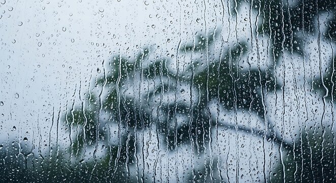 Raindrops on Window Glass with Blurred Tree Background.