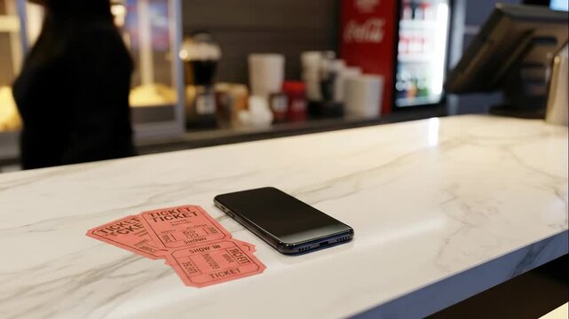 Movie tickets and a smartphone on a marble counter at a cinema concession stand before a show.