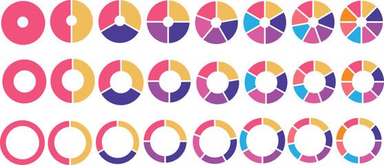 Pie chart set. Circle pie charts diagrams. Different color circles isolated. Circle section graph. Infographic element round shape. Pie chart divided equal parts. Colorful circle arrow charts