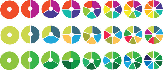 Fototapeta premium Pie chart set. Circle pie charts diagrams. Different color circles isolated. Circle section graph. Infographic element round shape. Pie chart divided equal parts. Colorful circle arrow charts