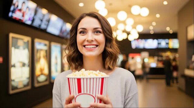 Happy caucasian woman holding popcorn at a cinema. Female visitor ready for movie with snack. Entertainment and leisure activity.