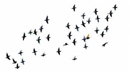 Fototapeta premium Flock of birds in flight, showcasing various shades of black and blue, with one bird notably highlighted in orange, creating a striking visual contrast against the white background.