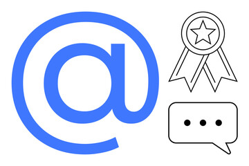 Blue at symbol with dialogue box and award ribbon featuring a star. Ideal for communication, messaging, achievement, recognition, interaction, social media, technology themes. Simple flat metaphor