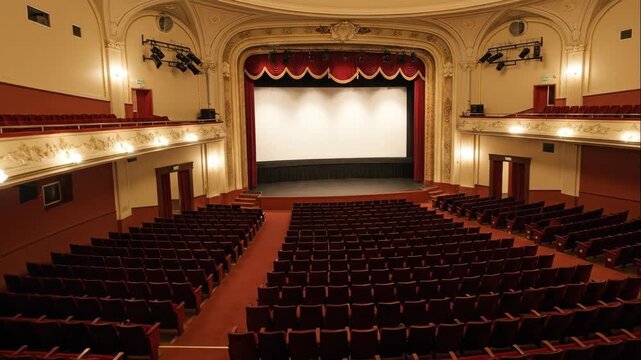 Empty old fashioned cinema hall or theater with red seats and screen, different angles showcasing classic interior design.