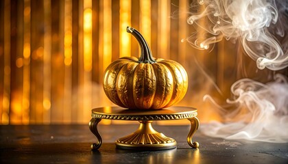Gilded pumpkin sits atop a gold stand, smoke swirling, with a warm golden backdrop suggesting autumn's elegance