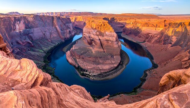 Horseshoe Bend Panoramic View - Colorado Rivers Iconic Meander Through Grand Canyons Red Rock Landscape.