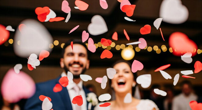 Joyful newlyweds showered with heart confetti celebrating magical wedding day with happy guests in background - Powered by Adobe