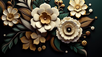 A vibrant floral design featuring intricately layered paper flowers in cream and gold, complemented by green leaves against a dark background.