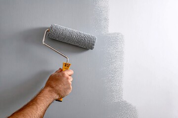 A hand holding a paint roller applies gray paint to a wall